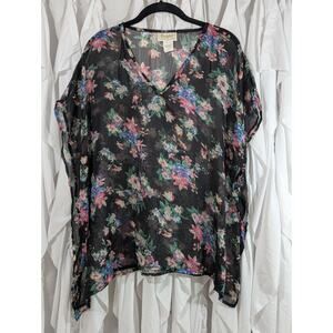 Passport Y2K Sheer Floral Caftan Blouse Medium Black Pink Whimsigoth Boho V-Neck